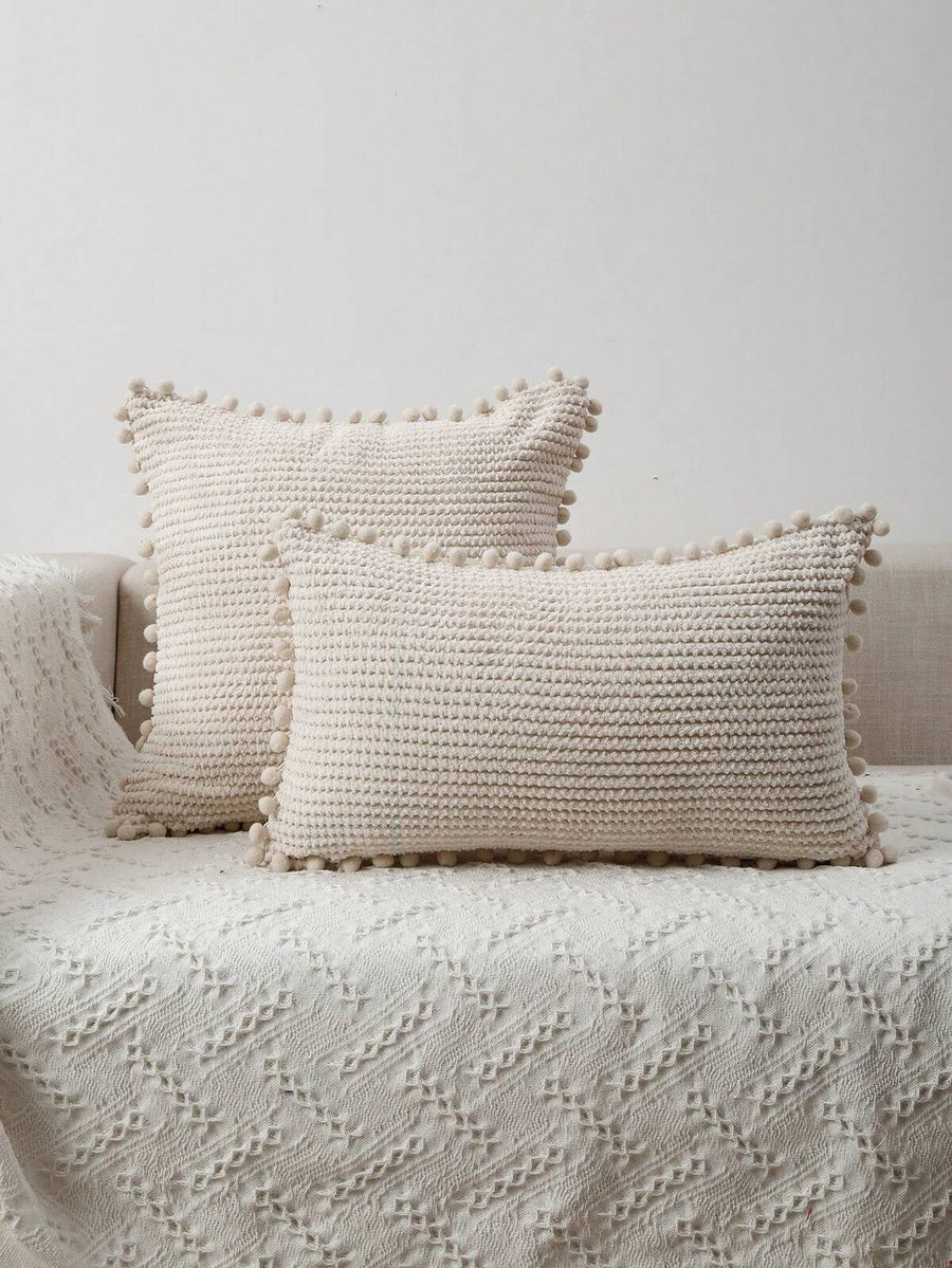 Miater 1pc Pom Pom Decor Cushion Cover Without Filler,Simple Plain Decorative Throw Pillow Case For Home