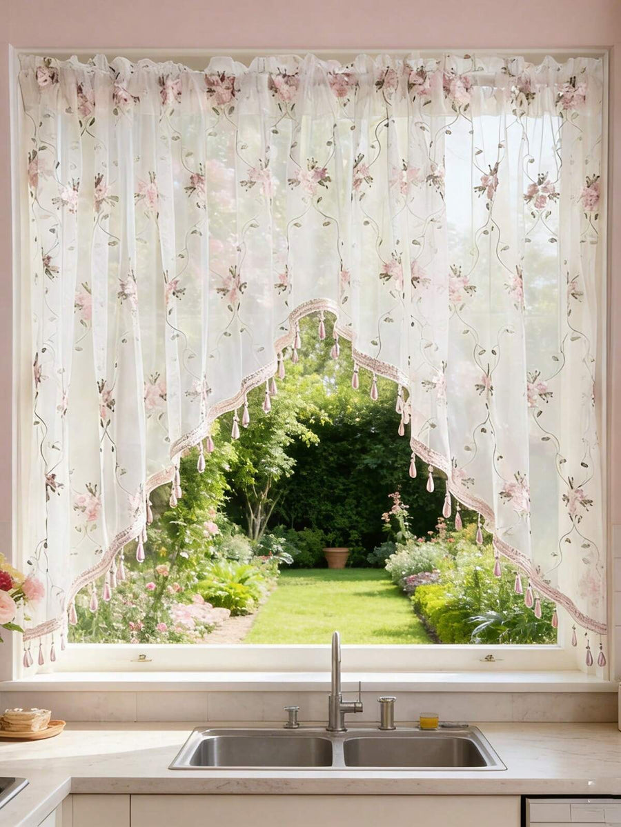 1pc Pink Floral Embroidered Lace Curtain With Beads Arched Shape Doorway Curtain Valance For Bedroom Kitchen Bathroom Rod Pocket Top