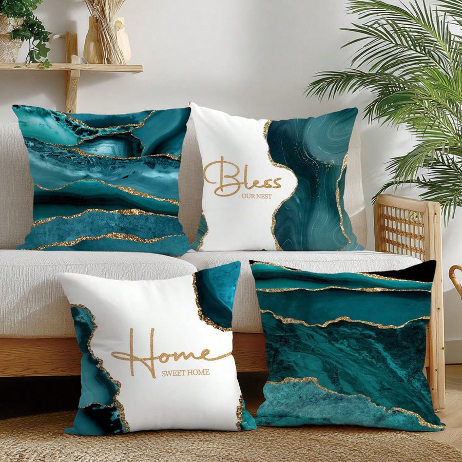 4pcs Peacock Green Agate Stone Gilded Pattern "Bless Home" Cushion Cover Set, Single-Sided Peach Velvet Fabric, 45*45/50*50/40*40CM Pillow Case Suitable For Modern Minimalist Sofa Living Room Decor, Gift, Party Decoration