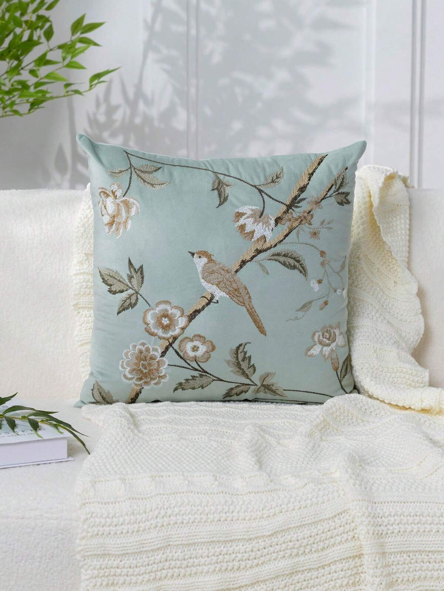 1pc Modern Minimalist Mint Green Floral & Bird Embroidered Pillow Case, Spring/Summer Flower Embroidery Decorative Pillow Cover, Suitable For Indoor Decoration, All-Season Pillowcase, Pillow Insert Not Included