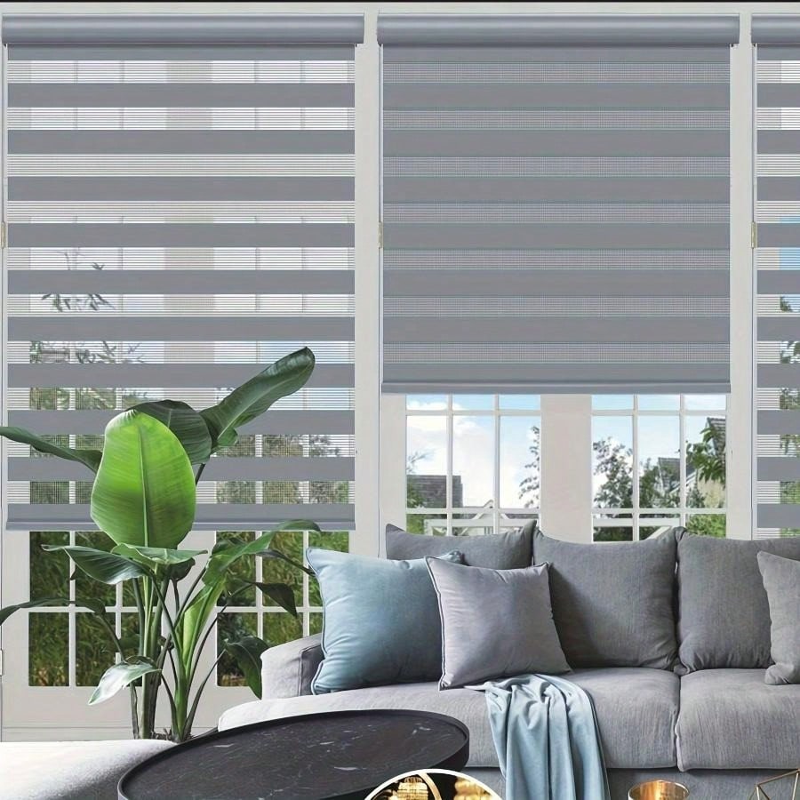 Cordless Zebra Roller Shade With Valance, Double Layered Window Blind For Day And Night, Light Filtering Window Treatment With Mesh And Opaque Fabric